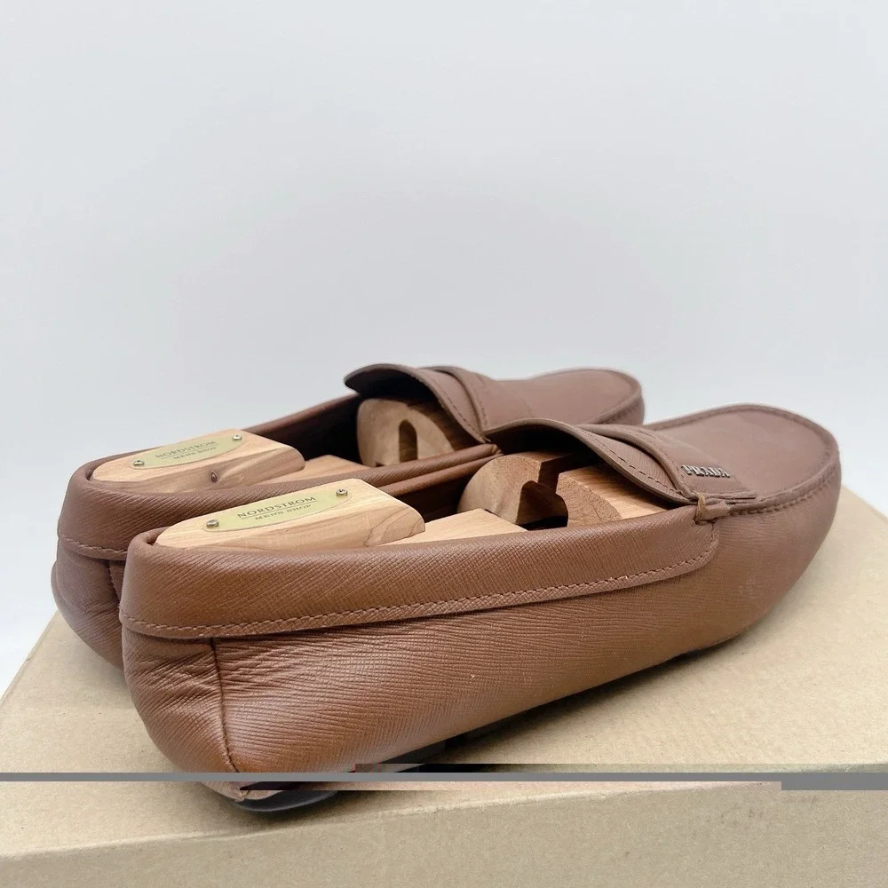 PRADA Saffiano Men's Driver Loafer Logo Ostrich BrownLeather 2DD151 EU 41 US 8